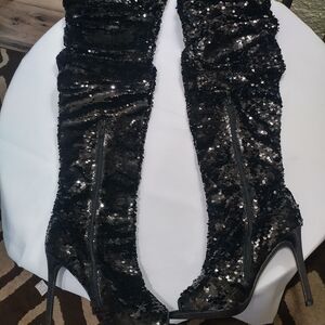 Black Sequin Heeled Boots
